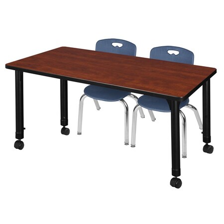 Regency Kee 48 x 24 in. Mobile Adjustable Classroom Table- Cherry & 2 Andy 12 in. Stack Chairs- Blue MT4824CHAPCBK45NV